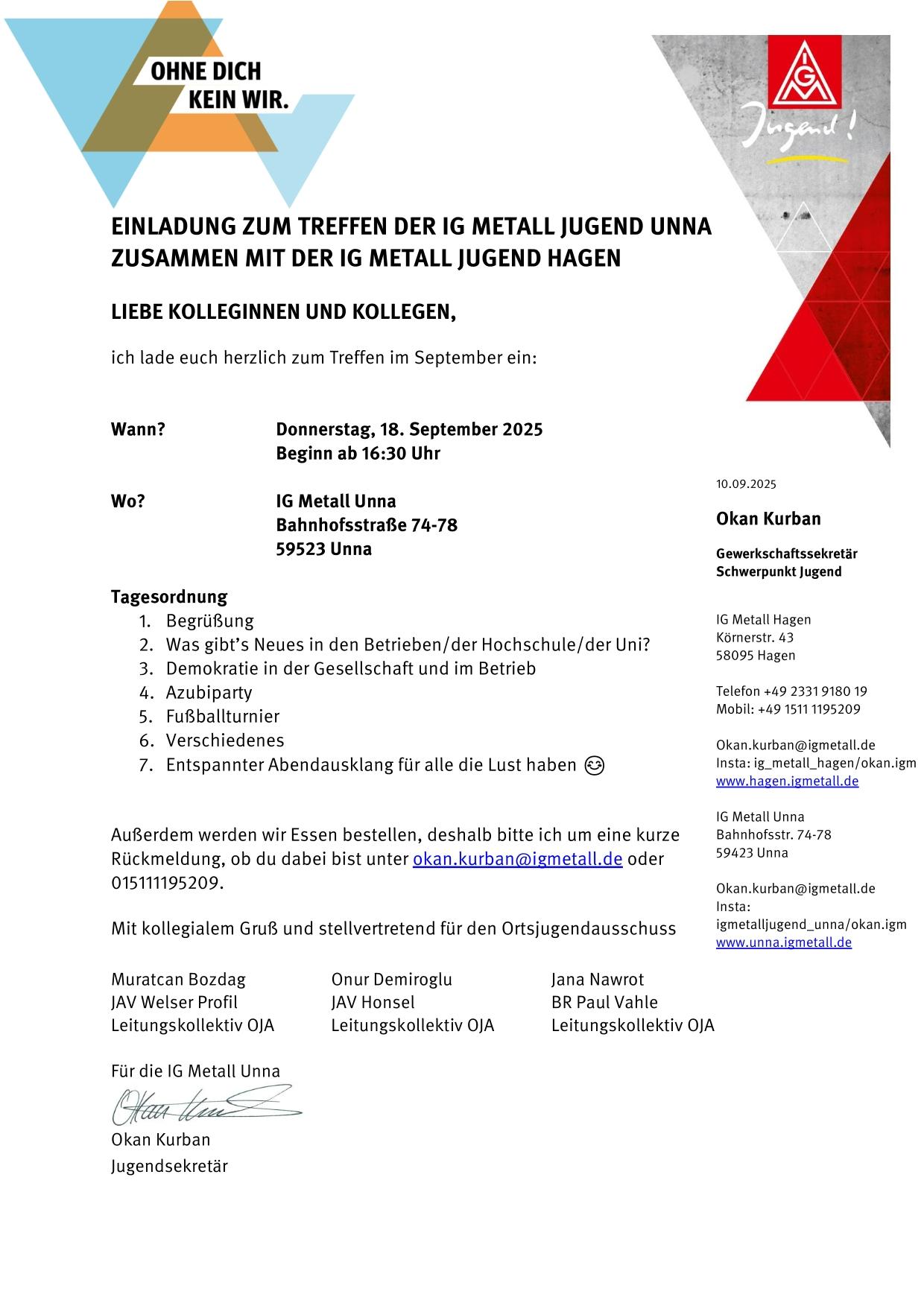 Einladung zum nächsten Treffen der IG Metall Jugend